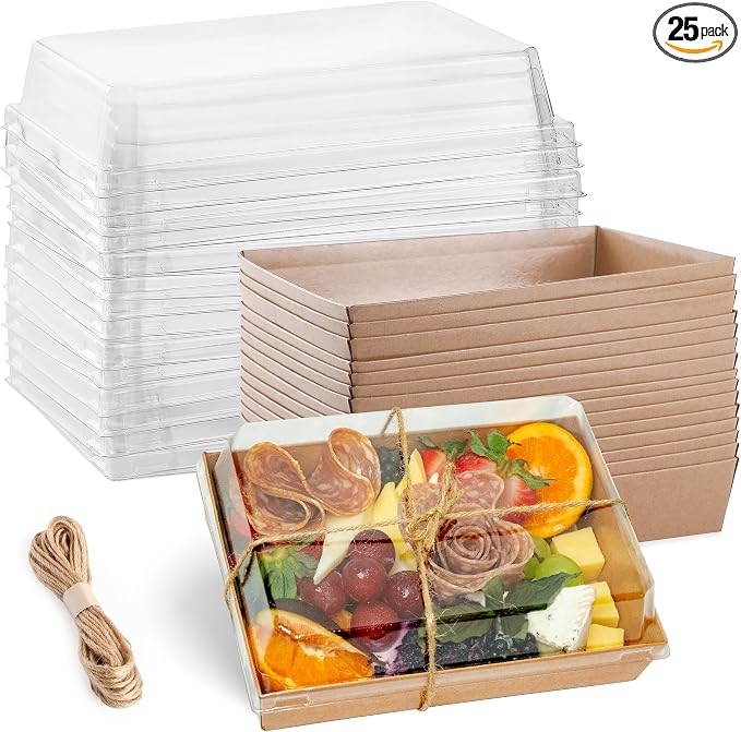 Leafiew 25 Pack 7x5 Inches Charcuterie Boxes with Clear Lids - Individual To Go Paper Charcuterie Board with Lid, Disposable Food Containers for Desserts, Cookie, Food, Charcuterie Accessories