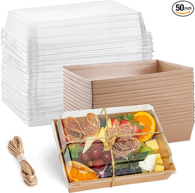 Leafiew 50 Pack 7x5 Inches Charcuterie Boxes with Clear Lids - Individual To Go Paper Charcuterie Board with Lid, Disposable Food Containers for Desserts, Cookie, Food, Charcuterie Accessories