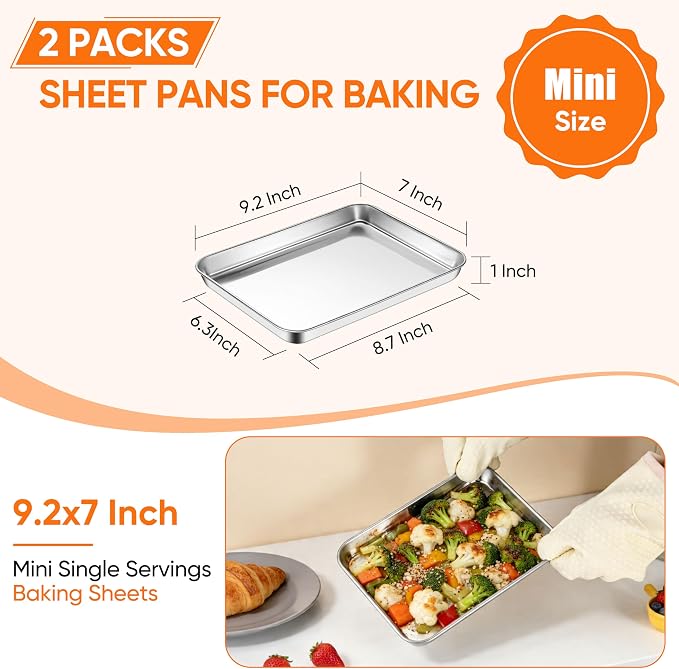 LIANYU Stainless Steel Tray for Baking, 9.2x7” Small Cookie Baking Sheet Pan, Metal Cooking Sheet Tray for Oven, Rust Free & Mirror Finish, Dishwasher Safe, 2 Pack