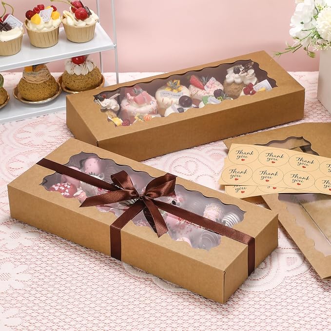 24 Pack Bakery Boxes with Window, 16x6.5x2.5 Inch Brown Auto-Popup Cookie Box with Ribbon and Sticks, Long Treat Boxes for Cookies for Strawberries, Champagne, Cake Pops, Donuts