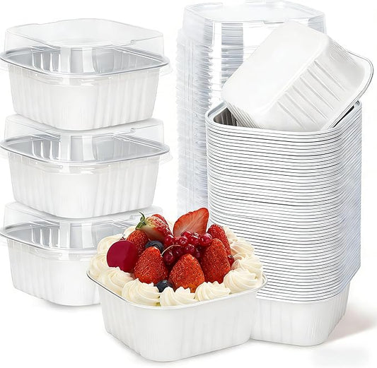 30Pack 5oz White Mini Cake Pans with Lids Baking Cups Aluminum Foil Pans Tins, Individual Dessert Cups Containers for Sales,Party,Picnics
