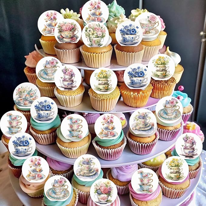 48PCS Edible Spring Floral Tea Cupcake Toppers Wafer Paper Vintage Teapot Vase Cake Picks Edible Floral Teapot Cupcake Toppers for Spring Teacups Princess Theme Cake Decor Supplies