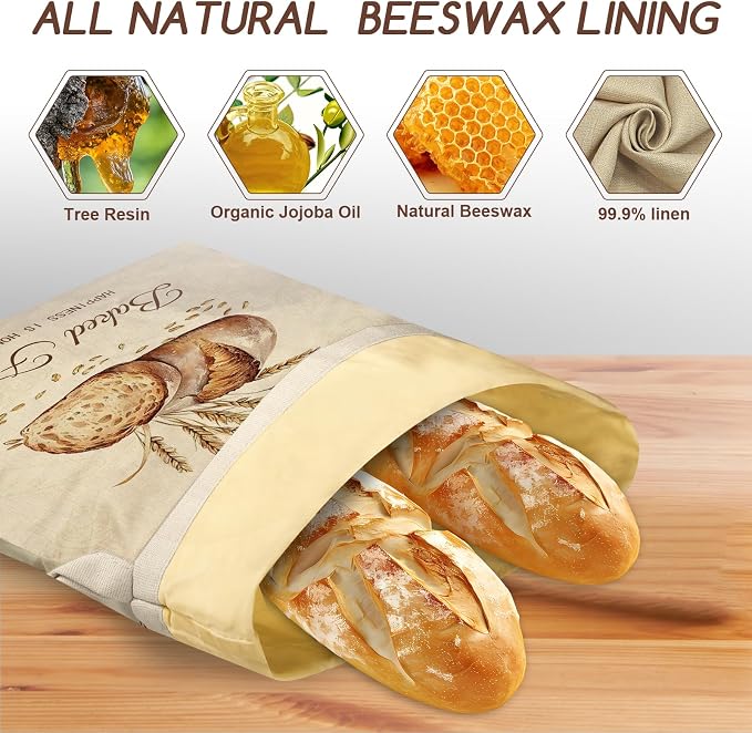 Beeswax Bread Bags for Sourdough, 2 Pack Reusable Bread Bag for Storage XL 17x13 Inch, Large Linen Beeswax Bread Bags for Homemade Sourdough with 1 Linen Bowl Cover - Keep Fresh, Freezer Safe