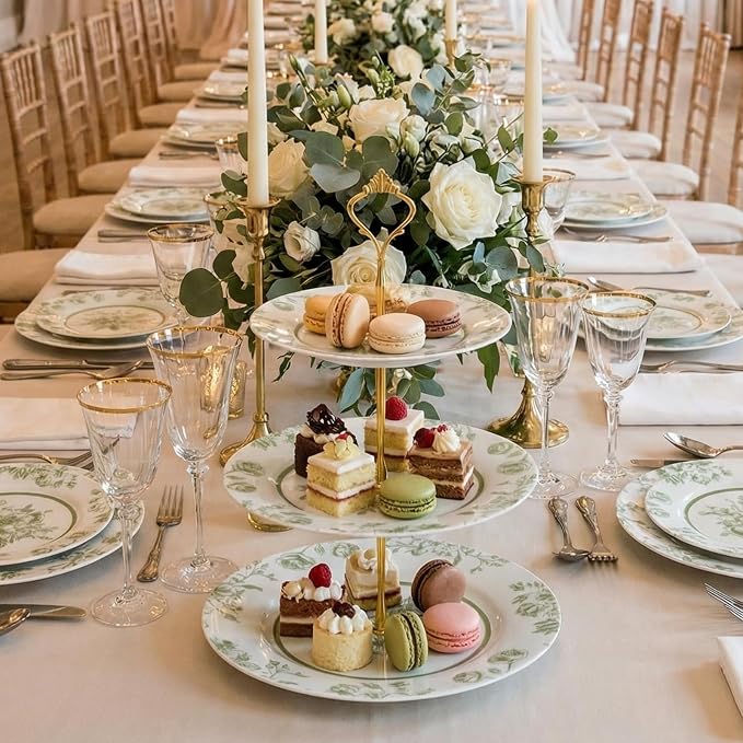 Lallisa Sage Green Floral 3 Tier Dessert Stand 10", 9" and 7" Ceramic Vintage Chinoiserie Tea Party Tiered Tray Cupcake Stand Display Holder Tower for Wedding Baby Shower Bridal Shower Tea Party