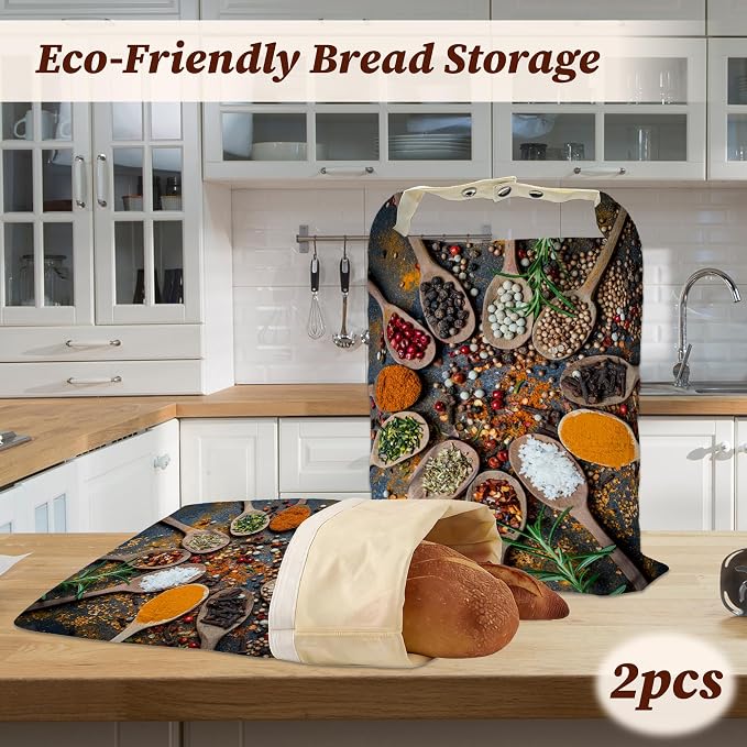 Beeswax Bread Bags, 2 Pack for Homemade Bread and Sourdough Storage | Colourful Various Herbs, Reusable Polyester Bread Storage With Beeswax Coating And Snap Closures