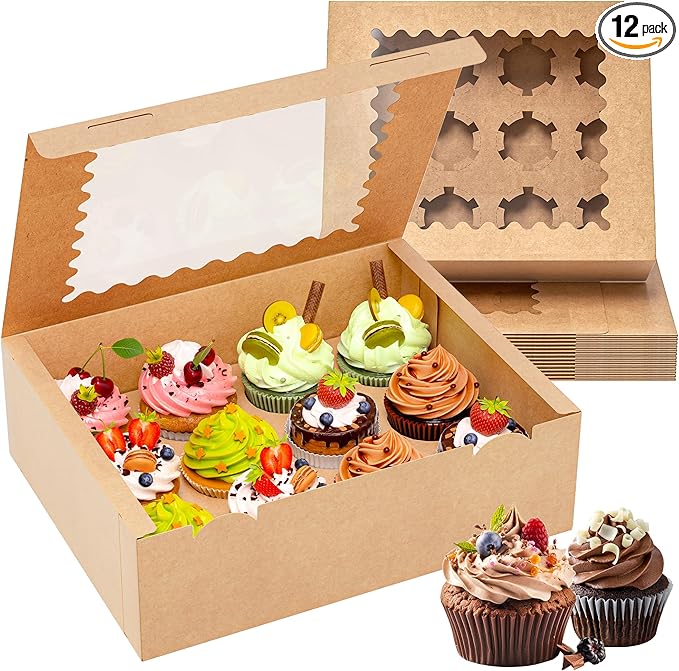 RYDDOY 12 Pack Kraft Cupcake Boxes, Hold 12 Standard Cupcakes, Brown Cupcake Containers, Cupcake Holder with Window and Inserts for Birthday Holiday Party, Supplies for Cupcakes, Desserts and More