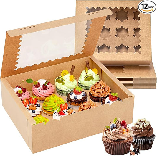 RYDDOY 12 Pack Kraft Cupcake Boxes, Hold 12 Standard Cupcakes, Brown Cupcake Containers, Cupcake Holder with Window and Inserts for Birthday Holiday Party, Supplies for Cupcakes, Desserts and More