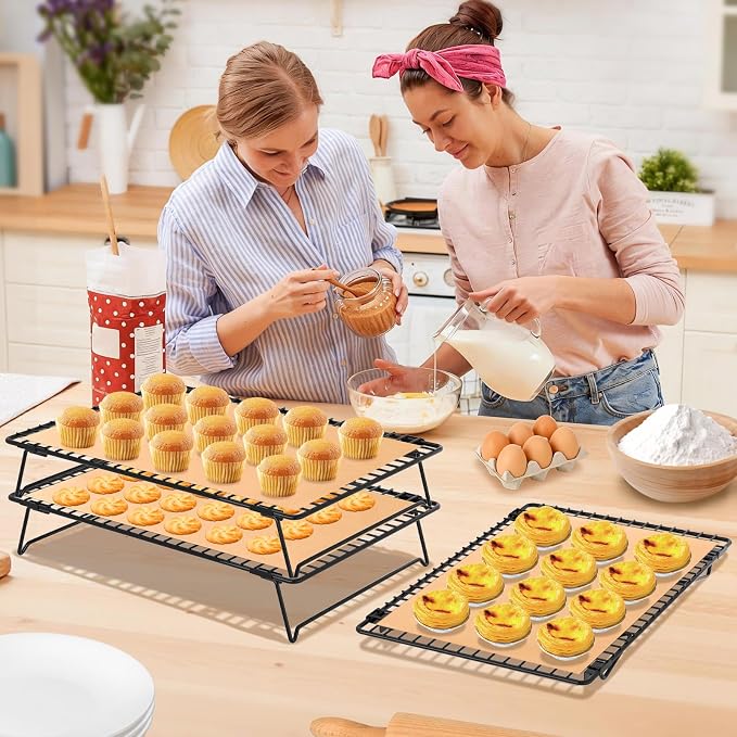 3 Layer Detachable Collapsible Cooling Racks, 13 x 9 Inch Cooling Wire Rack Stackable Drying Rack Cookie Rack Bread Cooling Rack with Pastry Brush & 50 Parchment Paper Sheets