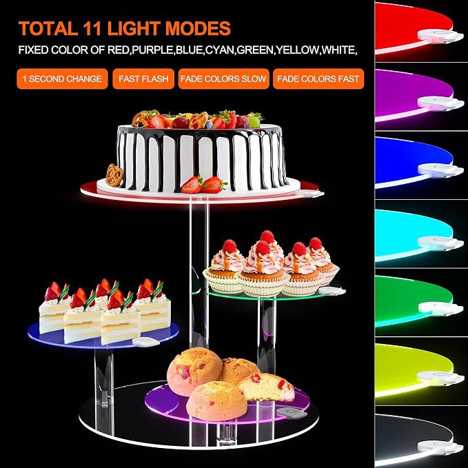 Cake Stand with Rechargable LED Light, Round Light Up Cupcake Stand, Cupcakes and Cakes Comb for 8-12 Inch Cakes, Tiered Cake Tree Tower, Clear Dessert Display Stand for Wedding Birthday Party