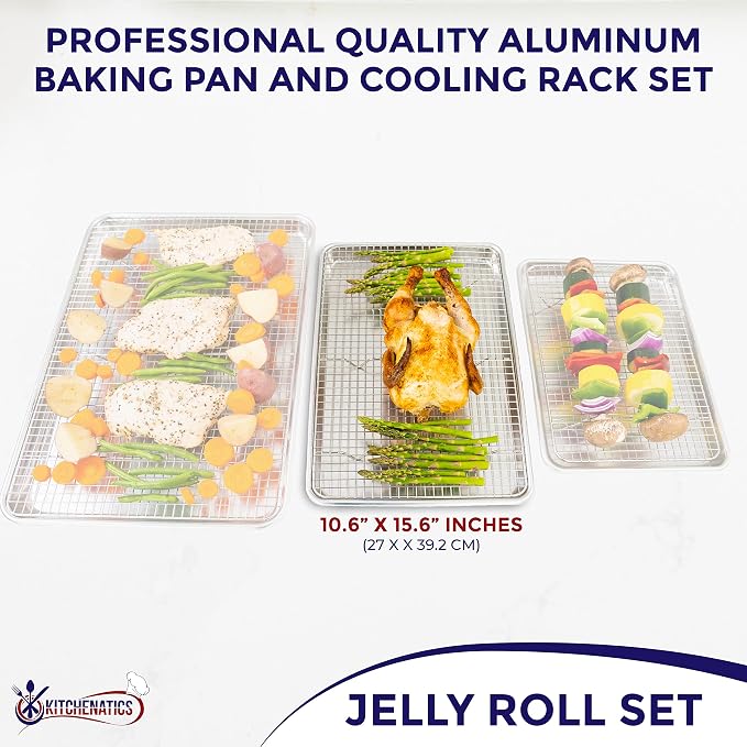 KITCHENATICS Jelly Roll Baking Pan and Rack Set Nonstick 10.6x15.6 | Aluminum tray and stainless steel rack combo used together or apart for baking, cooling or roasting