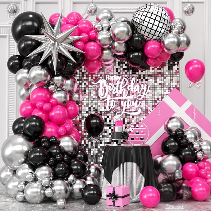 Disco Balloon Arch Kit, Hot Pink Black Balloons Garland Arch Kit, Star Foil and Disco Foil Balloons, Hot Pink Silver Black Balloon For Birthday 8090 Theme Party Wedding Bridal Shower Anniversary