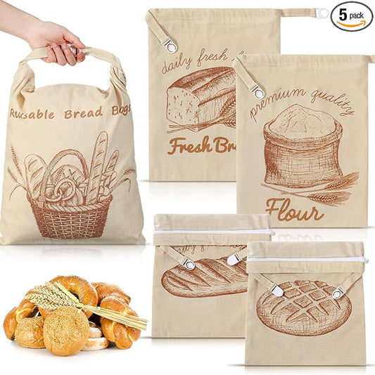 Hsei 5 Pack Beeswax Bread Bags for Sourdough & Homemade Bread 17 x 13'' XL Reusable Organic Linen Wraps with Sealing Zip for Fresh Food Storage Loaf Fresh Freezer Baker Gift