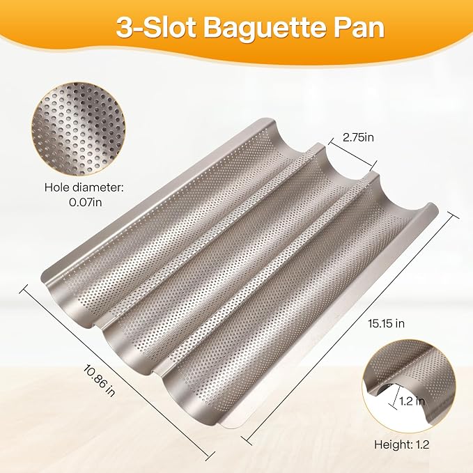 Baguette Bread Pan, Perforated French Bread Pan, Nonstick Bread Pans for Baking, with Baguette Kit – Includes Proofing Cloth & Dough Cutter, 15x11 Inch Golden, 3 Loaf