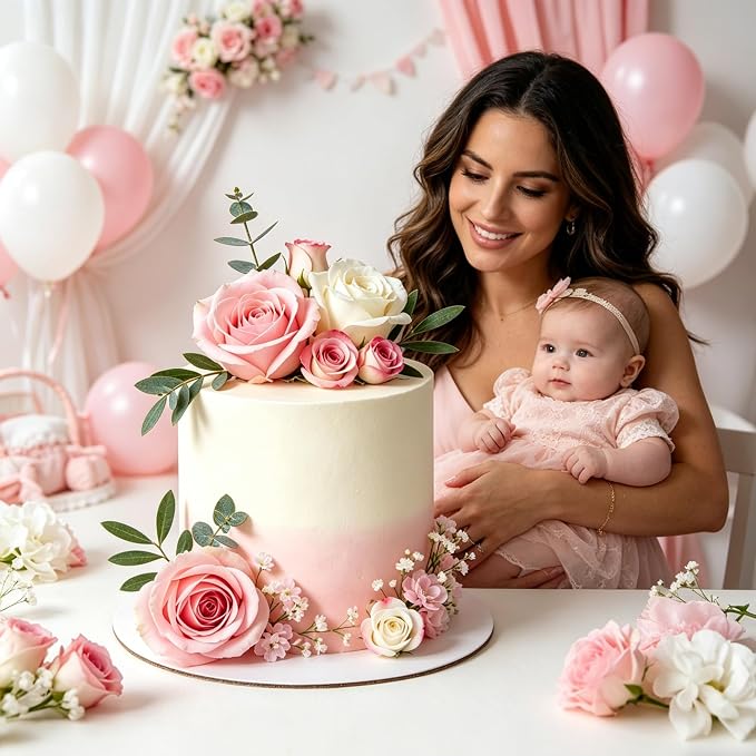 Flower Cake Toppers, Happy Birthday Rose Gold Cake Decorations with Artificial Flowers Butterfly Balls for Wedding Baby Shower Birthday Party Supplies (Pink)