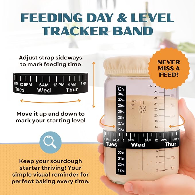 Sourdough Starter Jar Kit 34oz - Wide Mouth Glass Jar with Thermometer Strip, Feeding Day Tracker, Silicone Spatula, Cloth Cover, Measuring Cups & Metal Lid for Homemade Artisan Sourdough Bread Baking