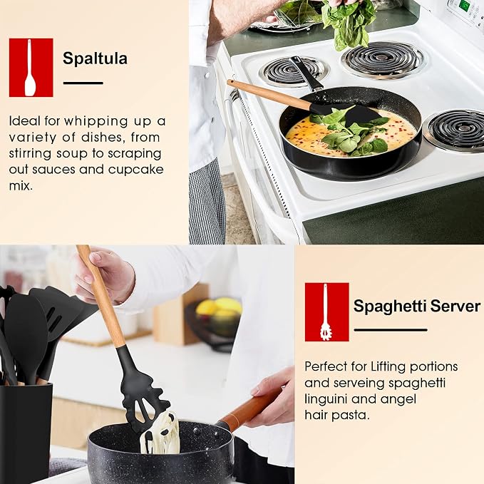 E-far Cooking Utensils Set of 6, Silicone Kitchen Utensils with Wooden Handle, Non-stick Cookware Friendly & Heat Resistant, Includes Spatula/Ladle/Slotted Turner/Serving Spoon/Spaghetti Server(Black)