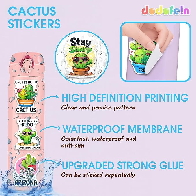 Cactus Stickers 50PCS – Waterproof Vinyl Green Plant Decals for Water Bottles, Laptops, Journaling – Non-Repeating Decals, High-Definition Print Gift for Womens