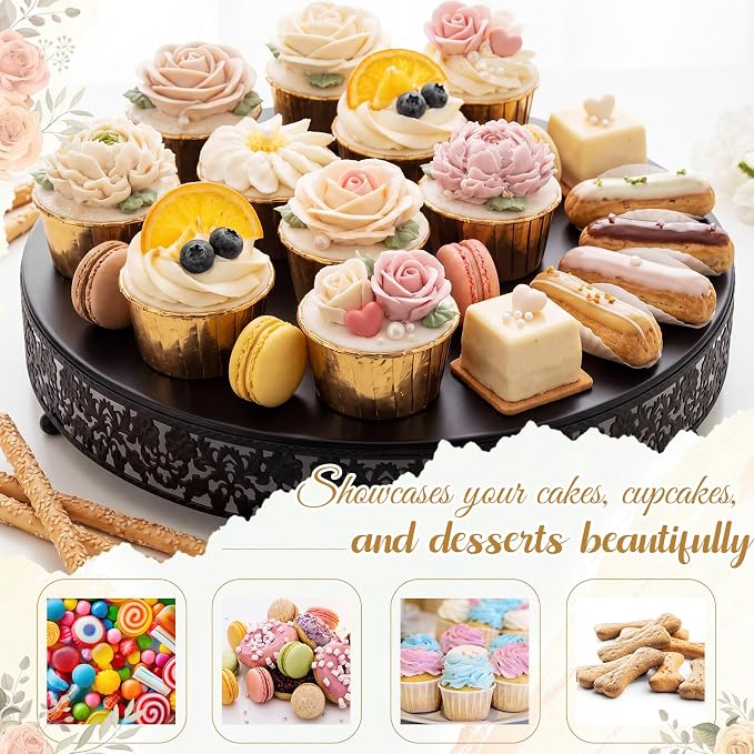 Wenqik 16 Inch Black Cake Stand Set Metal Round Cupcake Dessert Stand with Cake Cutting, Flower Spatula Wedding Cupcake Pastry Display Candy Holder Display for Wedding Party Birthday Baby Shower
