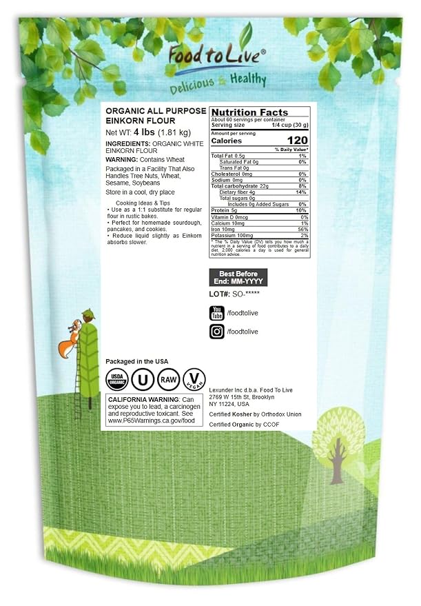 Food to Live Organic All Purpose Einkorn Flour, 4 Pounds - Italian Ancient Grain White Flour for Bread, Pizza, Pasta and Everyday Baking. Non-GMO, Vegan, Kosher, Bulk