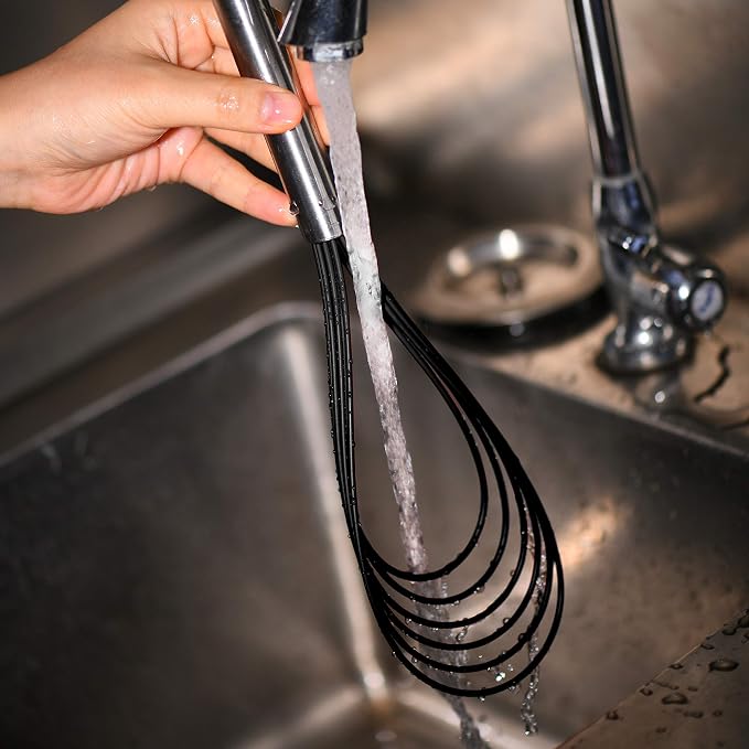 Flat Whisk Set,Stainless Steel 3 Pack 10''+11''+12'' Premium Sturdy-6 Silicone Heads Non Stick Wires Whisk for Blending Beating Stirring Kitchen Cooking by Jell-Cell (Black)