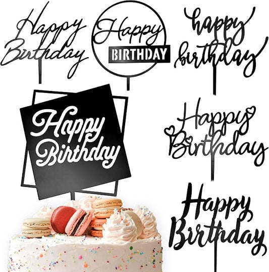 6 Pcs Black Happy Birthday Cake Toppers, 5" x 6.5" Acrylic Cake Decoration for Birthday Party