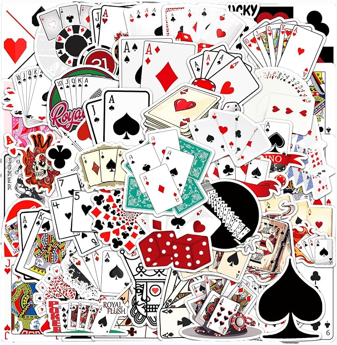 Casino Stickers, 50Pcs Poker Playing Card Dice Gambling Decals Lucky Heart Diamond Club Stickers for Bottle Skateboard Car Luggage Guitar Las Vegas Casino Theme Party Decor Stickers