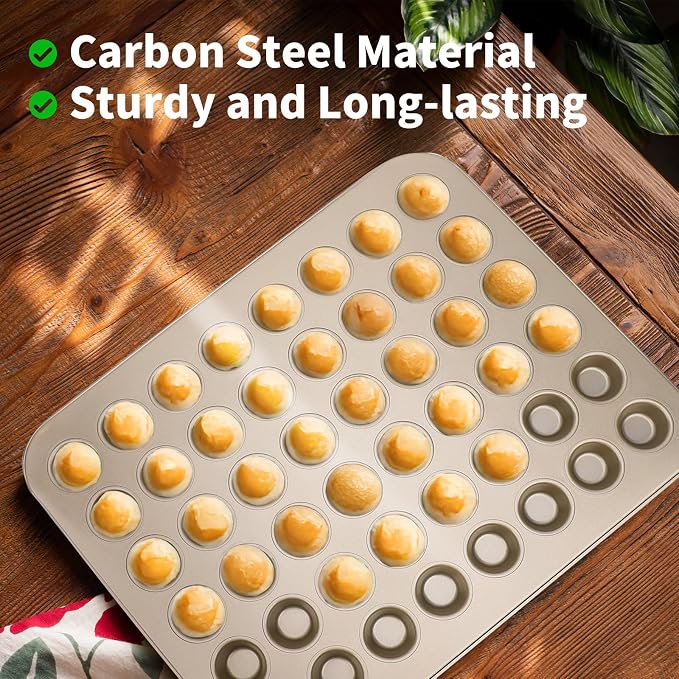 Beasea Mini Muffin Pan 48 Cups Nonstick, 1 Pack 48 Mini Small Tiny Cup Non Stick Muffin Baking Pan Tin Tray Carbon Steel Bakeware Individual Cupcake Baking Pan - Gold