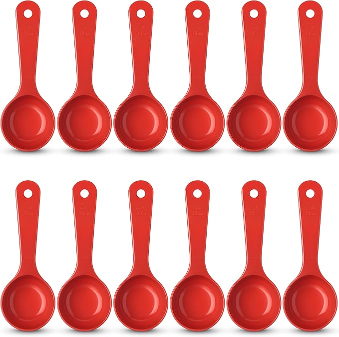 Carlisle FoodService Products 7.10 " 2 Ounce Solid Measuring Spoon – Flat Bottom – Portion Control Spoon – Short Handle Spoon, Red, (Pack of 12)