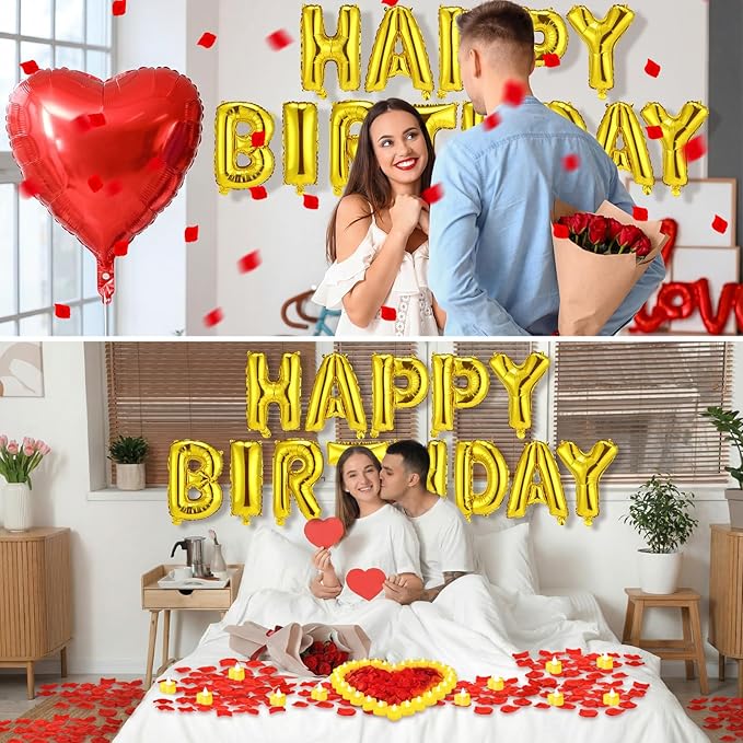 Red and Gold Happy Birthday Balloons Decorations Happy Birthday Letter Balloons Banner Set 24pcs Heart Flameless LED Candles 2000pcs Artificial Rose Petals for Women Men Room Party Decor