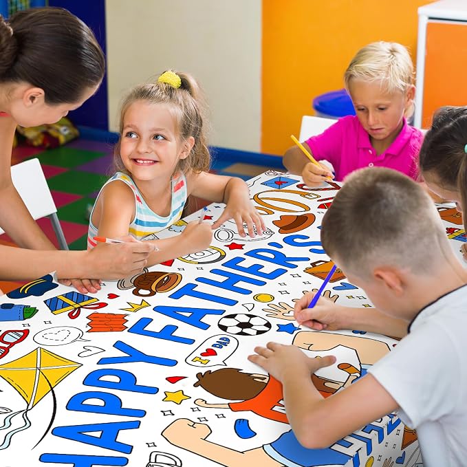Fathers Day Coloring tablecloths for Classroom Wall - Versatile 31.5 x 72 Inches Father Themed Activity Poster/Table Cover, School Parties, Happy Fathers Day Decorations