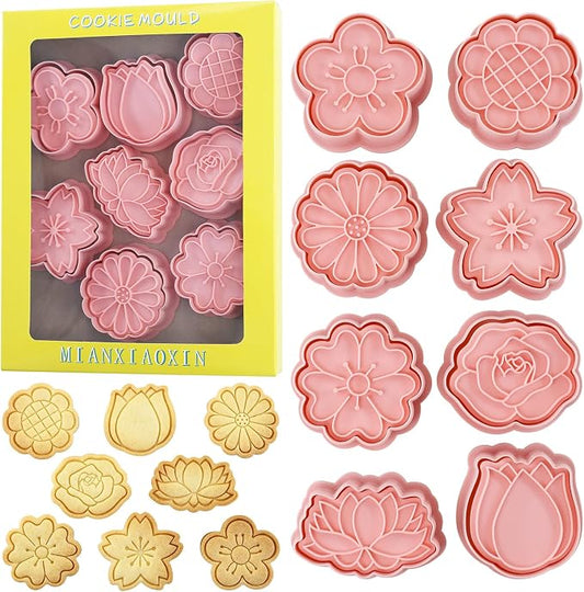 Flower Cookie Cutters Set with Cookie Stamp 8 Variety Shapes Spring Floral Baking Tool for Homemaking Cookie (Flowers)