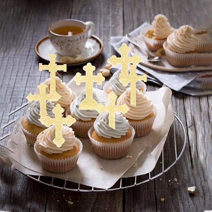 60 PCS Edible Cross Cupcake Toppers God Bless and Baptism Cupcake Toppers Edible Cross Cupcake Picks First Communion Cake Decorations for Religious Theme Baby Shower Birthday Party Supplies Gold