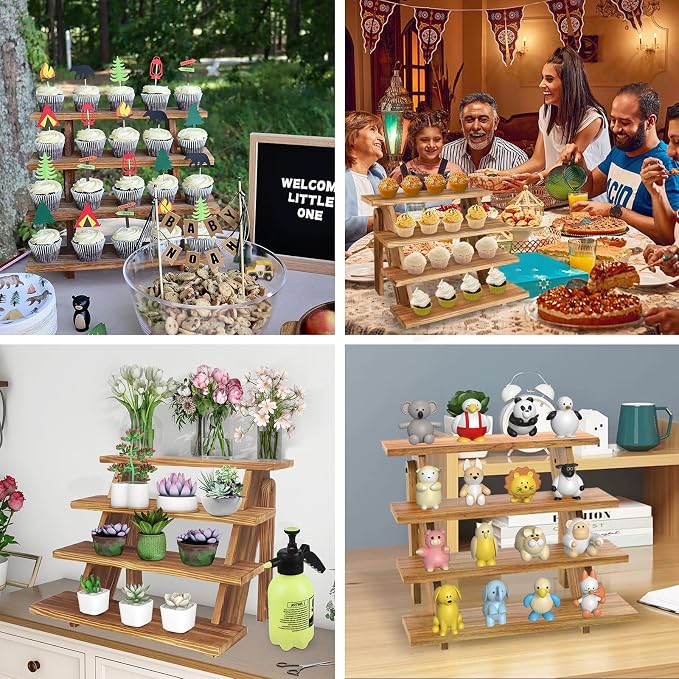 Wooden Cupcake Stand - 4 Tier Cupcake Display Stand, Rustic Tiered Display Stand, Tool Free Installation Cupcake Stand for Baby Shower Decorations Birthday Party Supplies(Pine Wood)