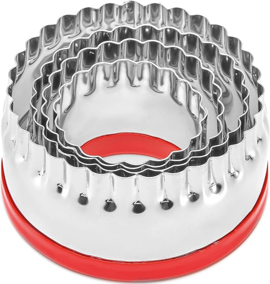 COOKIEQUE 4-Pieces Fluted Round Cookie Cutters, Metal Circle Biscuit Cutters Set, Wave Cookies Cutter with Fluted Edge, Unique Design with Protective Red Top PVC