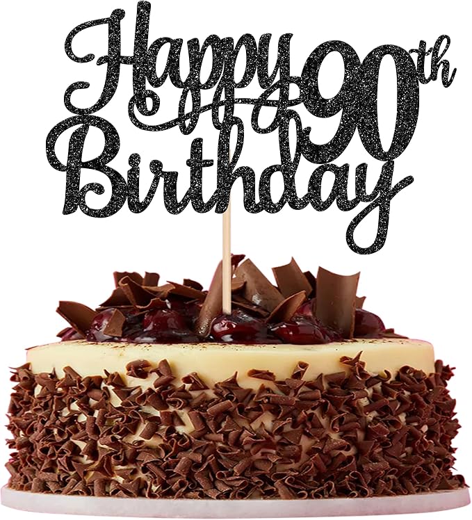 1 PCS Happy 90th Birthday Cake Topper Glitter Cheers to 90 Years Birthday Cake Pick 90 Fabulous Cake Decoration for Happy 90th Birthday Theme Party Decorations Supplies Black