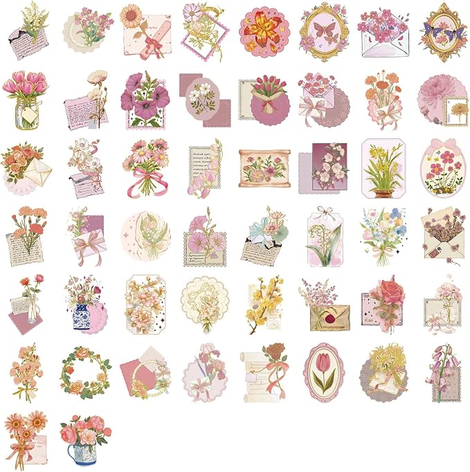 50 Pcs PET Transparent Gold Foil Flower Stickers, Waterproof Vinyl Floral Decals for Laptop Skateboard Luggage, Elegant Flower-Themed Stickers Gift for Teens Adults(Flower-sl)