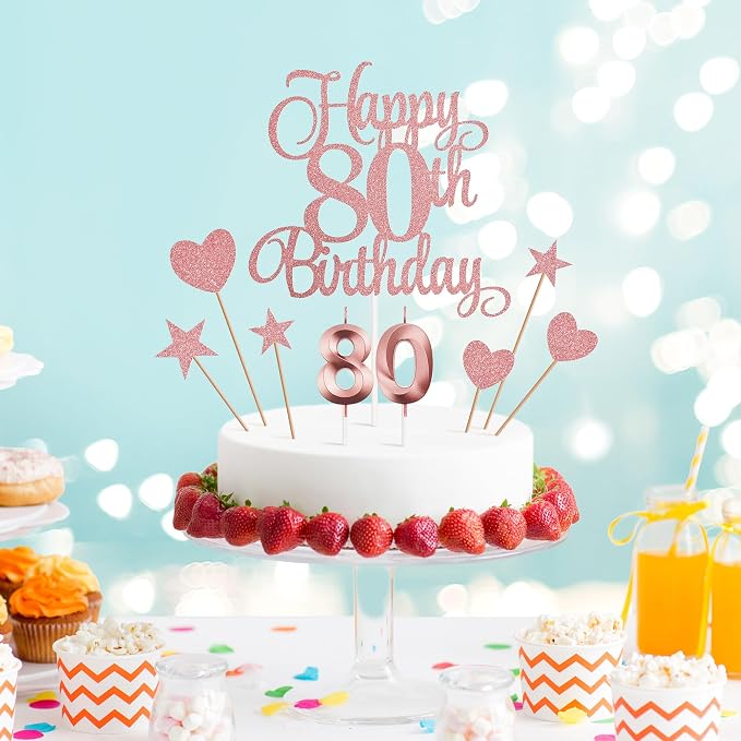 80th Birthday Cake Decorations, 80th Birthday Candles Cake Numeral Candles and Glitter Happy 80th Birthday Cake Toppers Set for Birthday Party Supplies (Rose Gold)