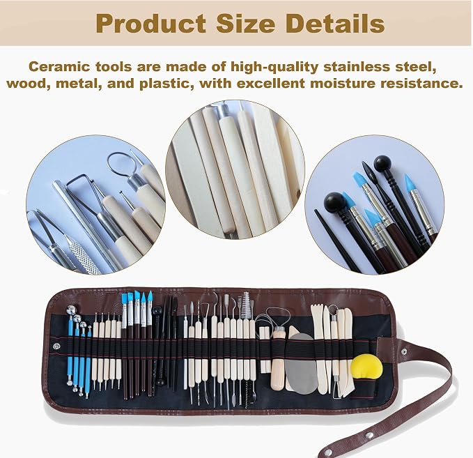 CeeVian 40PCS Clay Sculpting Tools Kit, Pottery Tools Set with Stainless Steel & Wooden Clay Carving Tools, Ball Stylus, Rubber Tip Shapers, Sponge & Storage Bag for Ceramic, Polymer Clay, Sculpting