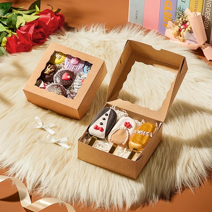 50 Pcs 5x5x2 Inch Cookies Boxes with Window Pastry Bakery Boxes Dount Boxes Soap Truffle Box Browine Cake Box Chocolate Covered Strawberries Box for Valentine's