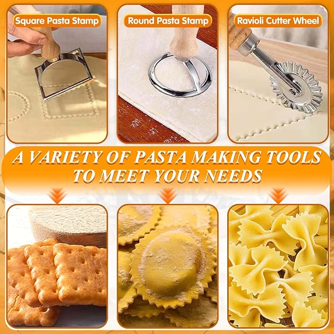 Pasta Making Tools, 10 Piece Wood Pasta Making Kit with 3 Rolling Pins, 1 Gnocchi Board, 1 Dough Cutter, 1 Ravioli Cutter, 1 Ravioli Maker, 2 Pasta Stamps, 1 Baking Mat, Ravioli Pasta Set for Kitchen