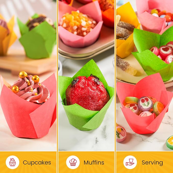 Tulip Cupcake Liners, Muffin Liners for Baking by Baker’s Signature – 200pcs of Parchment Paper Cups Cupcake Wrappers – Perfect Size, Sturdy, Greaseproof & Easy to Use – Colorful