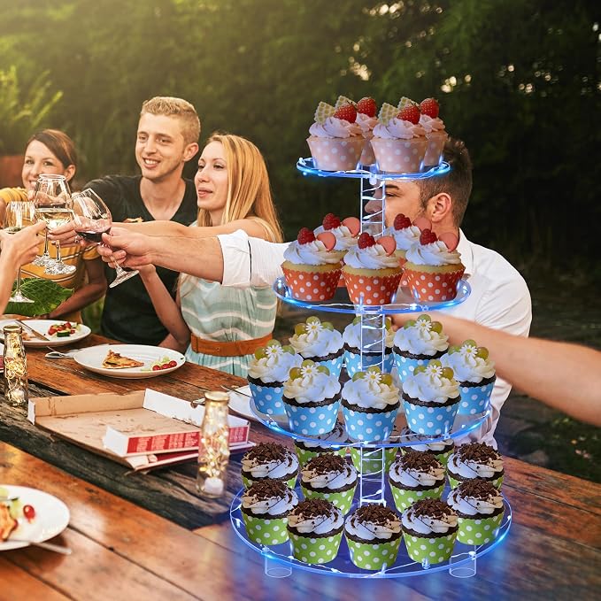 YestBuy 4 Tier Round Cupcake Stand – Premium Cupcake Holder – Acrylic Cupcake Tower Display- Cady Bar Party Décor + LED Light String – Ideal for Weddings, Birthday Parties & Events (Blue)