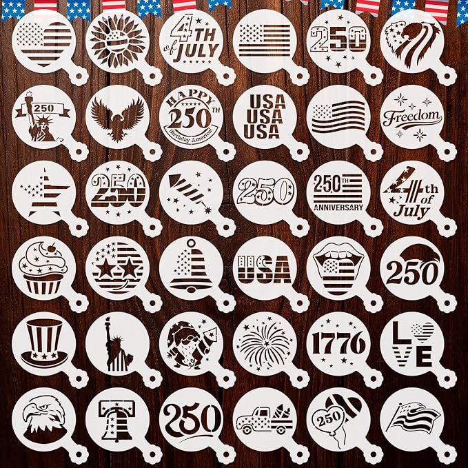 36PCS 4th of July Stencils for Painting,2.8" Cakes Cookies Templates Reusable for Baking,1776 American Independence Day Stencil for Flag Painting Dessert Coffee Patriotic Party Decoration
