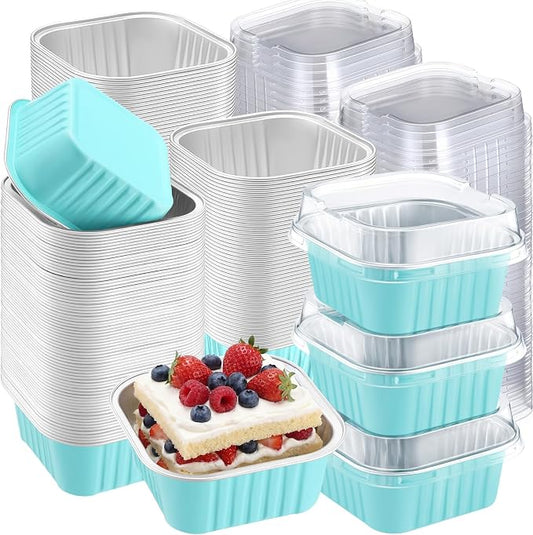 200 Pack 5 oz Mini Cake Pans with Lid, Aluminum Foil Mini Baking Tins, Square Disposable Cupcake Baking Cup Dessert Container for Wedding Birthday Party Picnic(Light Blue,Classic)
