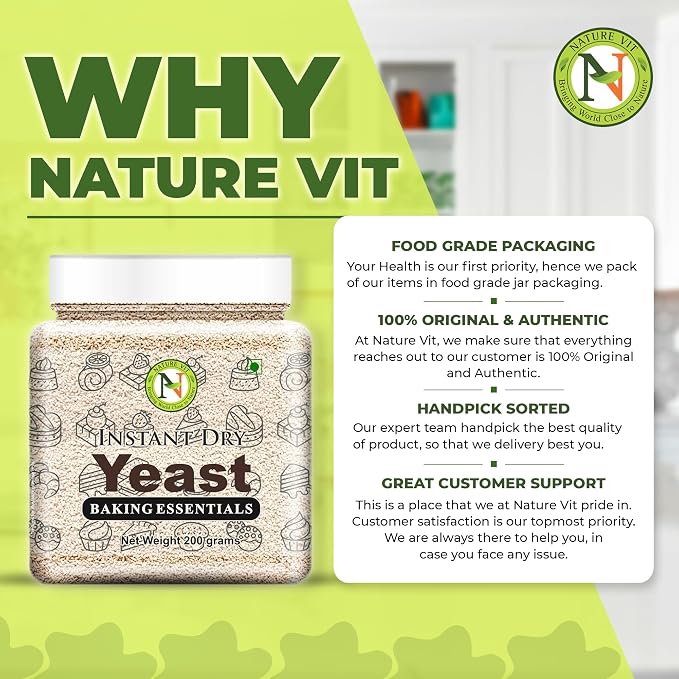 NatureVit Baker's Instant Dry Yeast, 200g | Premium Yeast for Baking Bread, Pizza, Cake, Doughnuts, and Wines | Fast-Rising & Long Shelf Life