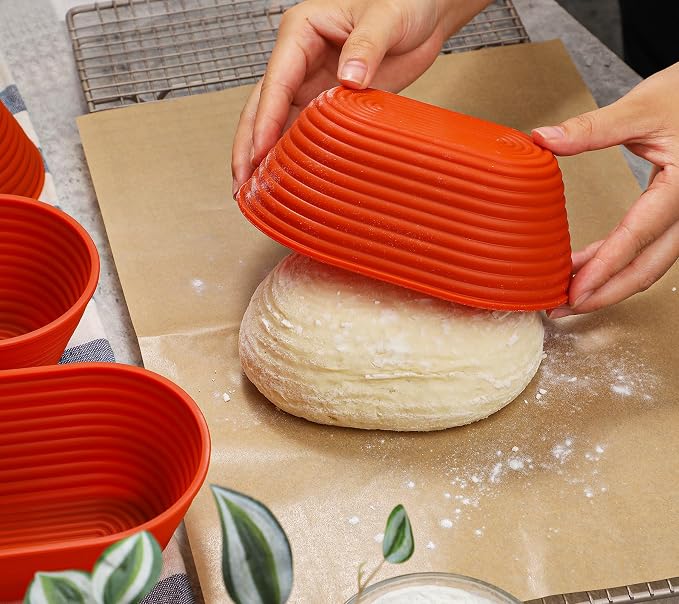 Webake 6 Inch Silicone Oval Small Banneton Basket, Mini Banneton Bread Proofing Basket for Sourdough Bread Soup Bowls, 4Pcs