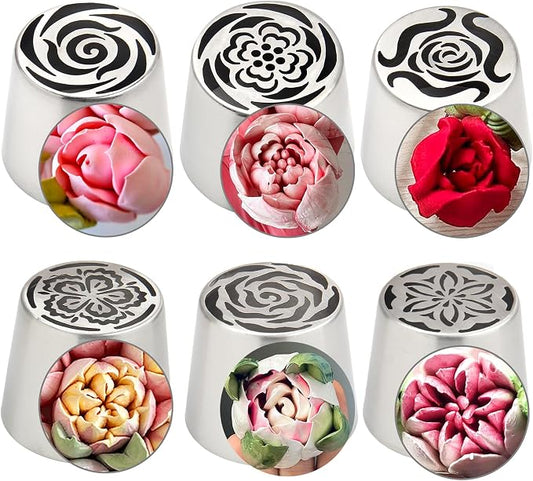 6Pcs Jumbo Russian Piping Tips Set, Stainless Steel Cake Decorating Extra Large Nozzles for Buttercream Flower Piping, Rose Tulip Cupcake Decorating, Reusable Icing Tips with 1 Pastry Brush (XXL, 6A)