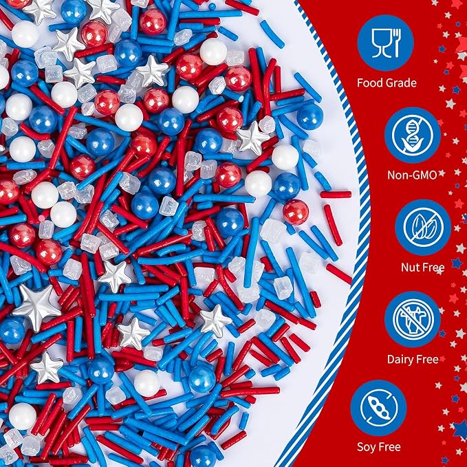 Edible Patriotic Sprinkles for Cake Decorating,130g,July 4th Pearl Sprinkle for Baking Decorations,Blue Red and White Pearls Jimmies,Silver Star and Sugar Crystals Mix,Cookies,Ice Cream,Fondant Cake,Cupcakes,Desserts,Memorial Day,Flag Day,Juneteenth,In...