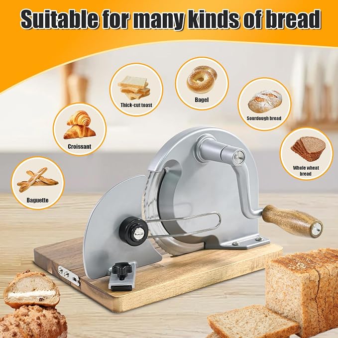 Manual Bread Slicer,Multi-Functional Foldable Hand-Cranked Bread Slicer with Steel Guard Plate and Non-Slip Base Pad Features Adjustable Thickness with Scale Lines for Even slicing Homemade(Gray)