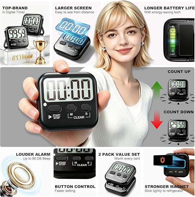 Antonki 2 Pack Digital Timer for Kids, Magnetic Countdown Kitchen Timers for Cooking, Egg, Classroom, Teacher, Exercise, Study, Oven - Battery Included